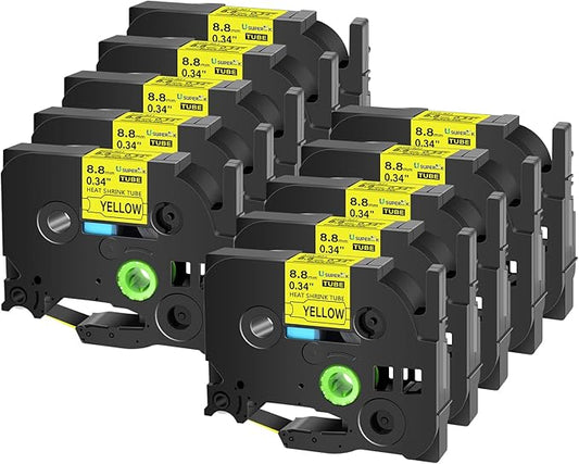 10PK Compatible for Ptouch HSe-621 HSe621 HS-621 HS621 Black on Yellow 8.8mm 0.34'' Heat Shrink Tubing for Wire Cable for PT300 PT-300B PT310 PT310B PT320 Label Maker Tape