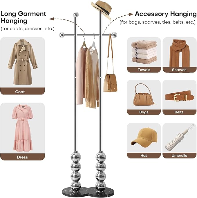 Metal Freestanding Coat Rack with Stainless Steel Double Rods & Marble Base, Hanging Clothes Rack for Entryway, Hallway, Bedroom, Living Room, Sliver
