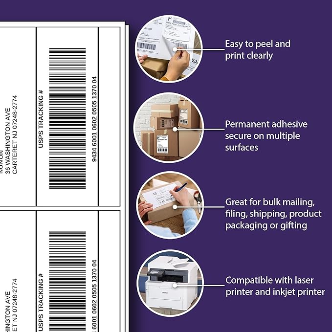 5.5" x 8.5", 100 Sheets, 200 Printable Half Sheet Labels, Blank Mailing Labels for Laser & Inkjet Printers, Letter Size