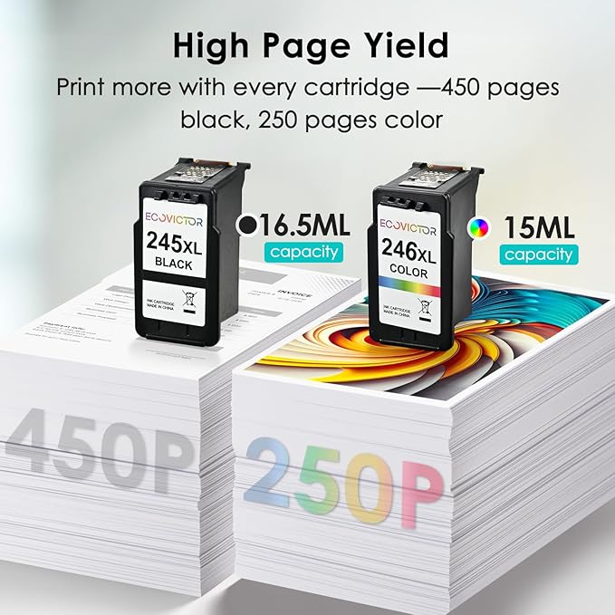 Eco-Friendly Ink Cartridge Replacement for Canon 245XL 246XL Black and Color Combo 2 Pack 245 246 PG-245 CL-246 XL for PIXMA TR4520 TR4522 TR4500 TS3320 MX492 MG2522 MG2920 MG3029 Printer