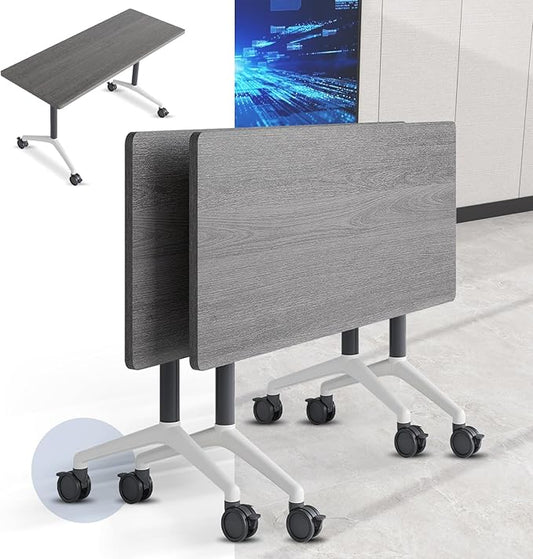 Folding Conference Table, Mobile Training Table for Office Conference, Modern Modular Rectangular Work Desk Meeting Seminar Work Tables with Caster Wheels, Large Breakroom Tables (2Pack L63in)