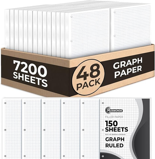 7200 Sheets Graph Paper Bulk, 48 Pack, Bulk Loose Leaf Paper, 4x4, 8" x 10.5", Bulk Grid Paper, Thick Graphing Paper, Fights Ink Bleed, 3 Hole Punched, Quad Ruled Sheets, Bulk School Supplies