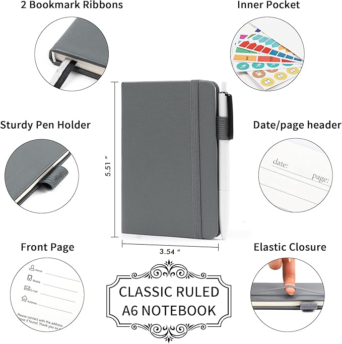 feela 6 Pack Pocket Mini Notebooks Bulk, Small Cute Memo Notepads Hardcover College Ruled Lined Journals with Pen Holder for School Business Work, with 6 Black Pens, 3.5”x 5.5”, A6, Gray