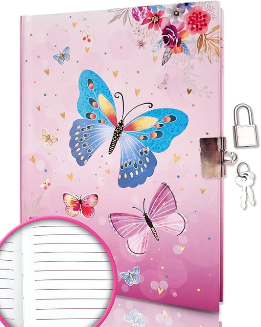 Girls Diary with Lock for Kids, 7x5.25 Inches 160 Lined Pages Secret Pink Butterfly Notebook for Girls Journal with Lock for Kids Pre School Writing Drawing Cute Girls Gifts for Birthday