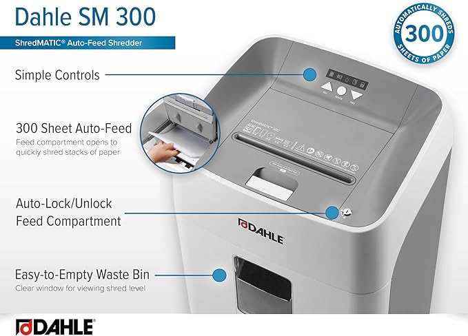 Dahle ShredMATIC SM 300 Auto-Feed Paper Shredder, Cross Cut, 300 Sheet Bin, German Engineered, Jam Protection, Oil Free, SmartPower, P-4 Security, Shreds CDs/Staples/Paper Clips/Credit Cards