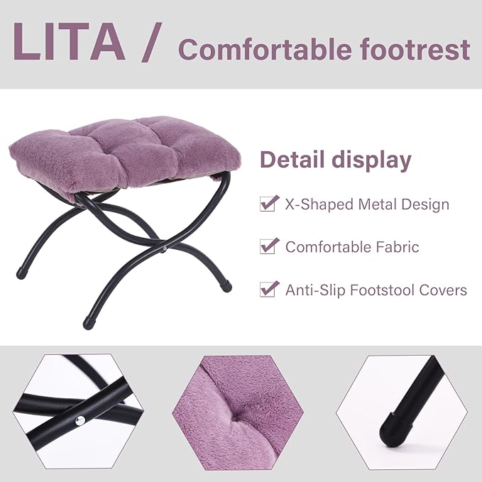 LITA Folding Upholstered Footrest Stool, Modern Small Portable Accent Ottoman with Detachable Thick Cotton Cushion Padded Sofa Stool with Metal Frame for Lazy Chair, Living Room & Bedroom