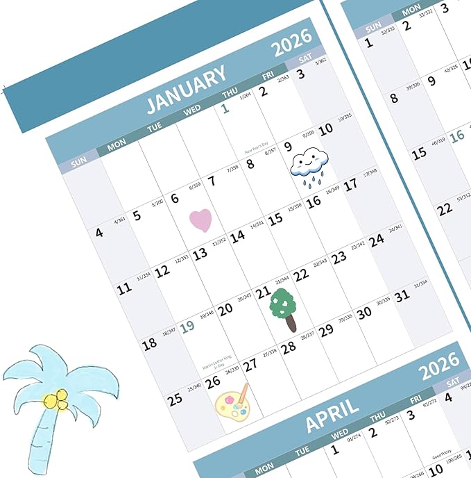 2026 Wall Calendar 34.8" x 22.8" Large Vertical Yearly Wall Hanging Calenda with Julian Date Thick Paper Calendar 12 Month Annual Wall Planner for Wall Office Fridge(Light Blue)