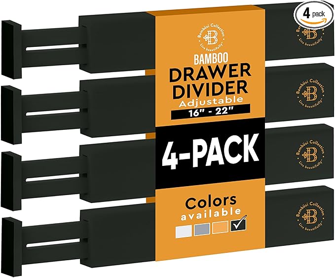 4 Pack Drawer Dividers Bamboo 2.6" High, 16-22" Adjustable Drawer Organizers for Clothes, Expandable Dresser Separators in Bedroom/Bathroom/Kitchen/Office Organization and Storage (Black)