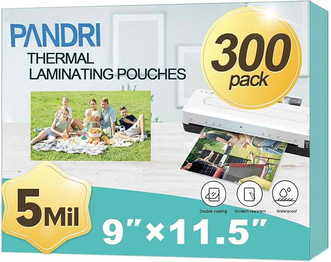 Laminating Sheets, PANDRI 300 Pack Thermal Laminator Pouches Holds 8.5 x 11 Inch, 5 Mil Clear Laminator Paper 9 x 11.5 Inch, Letter Size