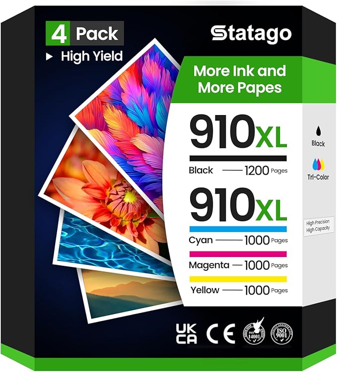 910xl Ink Cartridges Combo Pack for HP Printers Replacement for HP 910XL 910 Ink Work for HP Officejet Pro 8020 Ink Cartridges 8025e 8024e 8015e 8028e 8025 8035 8020 Printer (4 Pack, BCMY)