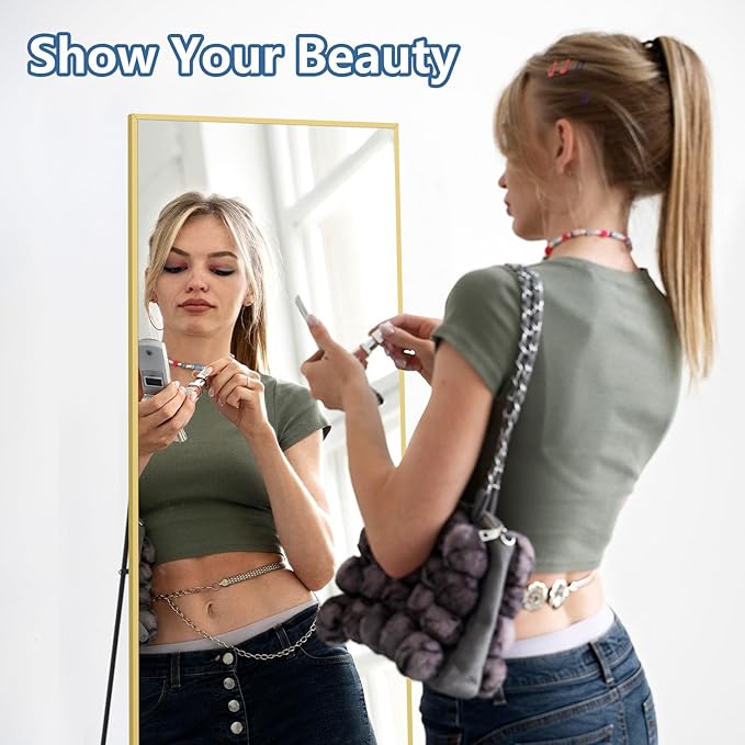 Full Length Mirror, 56"x18" Gold Floor Mirror with Stand, Rectangle Standing Mirror for Living Room Bedroom Cloakroom Gym, Thin Aluminum Frame, Tempered Glass