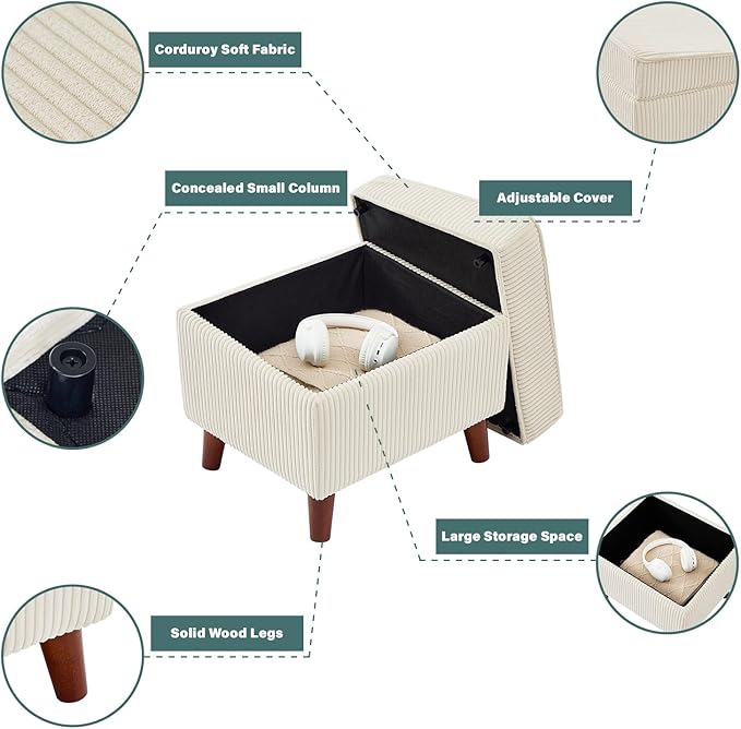 Storage Ottoman with Adjustable Lid, Soft Step Stool, Footrest and Seat, Ottoman Foot Rest for Living Room, Bedroom, Dorm, Beige