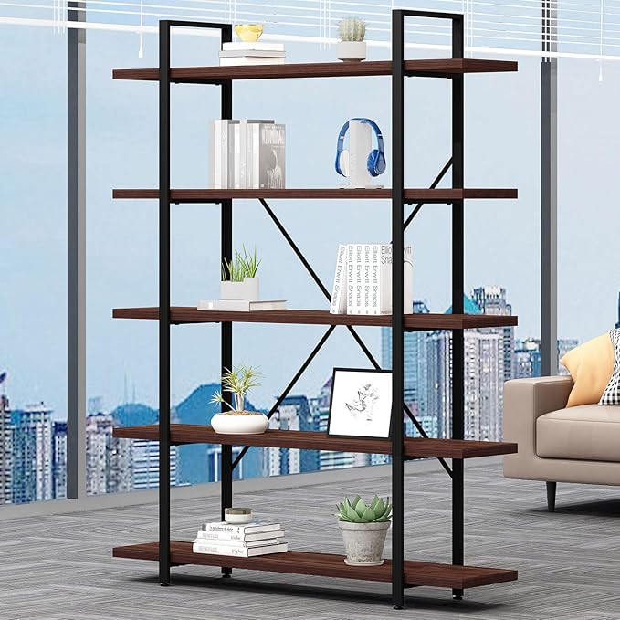 HSH Walnut 5 Tier Bookshelf, Tall Bookcases and Book Shelves 5 Shelf, Large Industrial Metal Wood Display Book Shelf Storage Rack, Rustic Open Bookcase Bookshelves for Bedroom Living Room Office