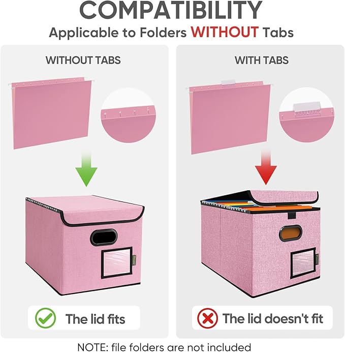 BALEINE File Organizer Box with Lid, Collapsible File Folder Organizer with Plastic Slide, Hanging File Folder Box for Office Document Storage (2 Pack, Pink)