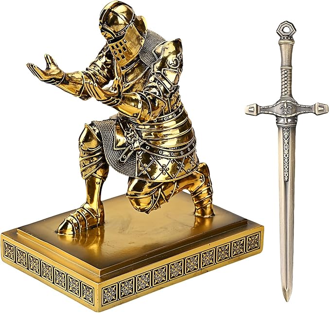 King's Guard Knight Pen Holder Pen Stand Desk Organizers and Accessories Resin Pencil Holder as Gift with a Metal Sword Letter Opener for Office and Home (Bronze(Plating))