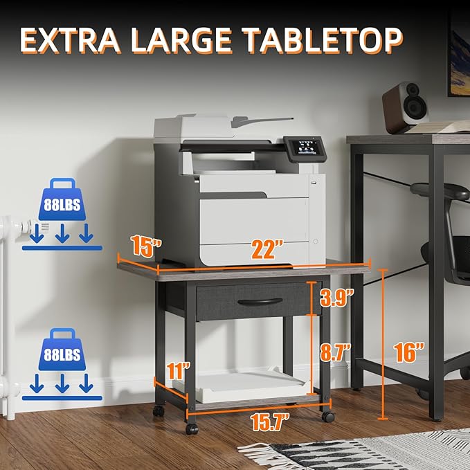 22"x15" Large Printer Stand with Storage Drawer, 2-Tier Under Desk Printer Table for Home Office, Printer Cart fit Fax Machine/3D Printer/Scanner(Gray)
