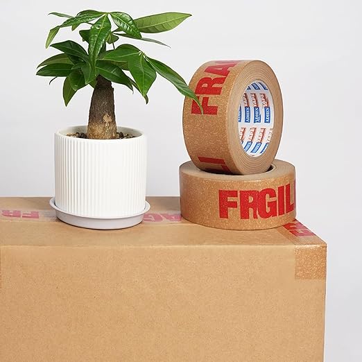 ADHES Fragile Tape, Biodegradable Kraft Paper Tape - 2in x 55yds, 6 Rolls, Strong Adhesive, Eco-Friendly Paper Packing Tape for Shipping & Moving, Heavy Duty Protection for Fragile Items
