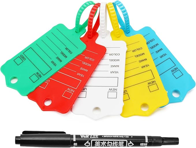 50 Car Key Tags with Labels Plastic Car Dealership Key Tags Self Locking Automotive Identifiers Blank Shop Labels with One Pen (Mixed Color)
