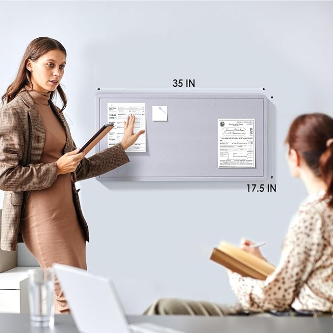 MaxGear Bulletin Board 35" x 17.5", Foldable Small Felt Board Vision Board Supplies, Cork Board for Office, Home, School, Pin Boards for Walls Decorative Picture Framed Display Board Gray