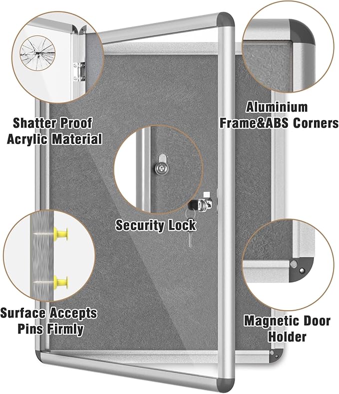 26"x20" Enclosed Bulletin Board, Lockable Weather-Resistant Aluminum Cork Noticeboard for School & Office, Silver Frame w/Grey Flet