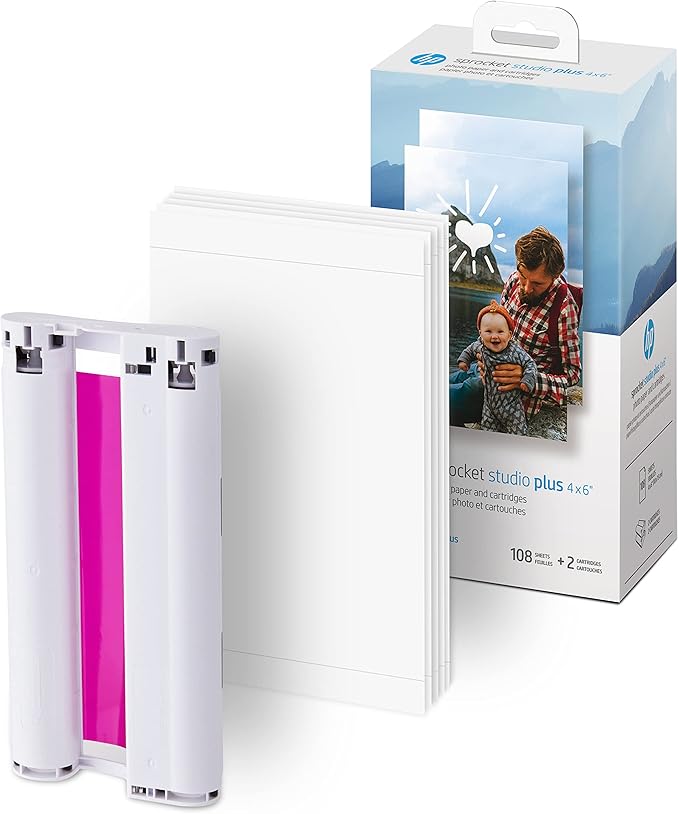 HP Sprocket Studio Plus 4 x 6” Photo Paper and Cartridges Starter Bundle: Includes 108 Sheets and 2 Cartridges, Sticker Frames, Photo Album