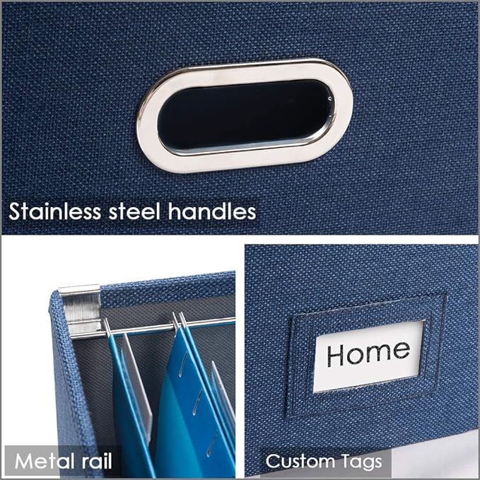 PRANDOM File Organizer Box - Set of 4 Collapsible Decorative Linen Filing Storage Hanging File Folders with Lids Office Cabinet Letter Size Navy Blue (14x9.3x10.8 inch)