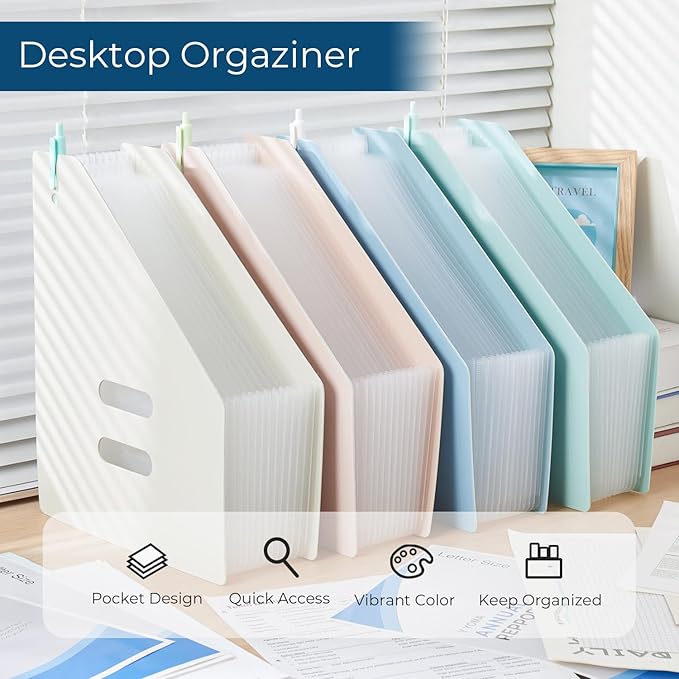 Y YOMA 2 Pack Expanding Magazine Holder with 13 Pockets | Portable Desktop Plastic Self Standing Accordion File Organizer for A4 Letter Size Document Storage Home Office School, Blue