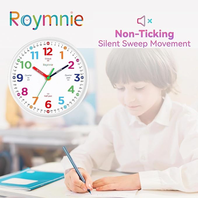 Roymnie14 Inch Wall Clock for Kids Learning to Tell Time Large Analog Silent - Image 8