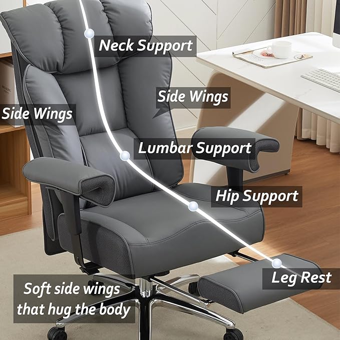 Efomao Big and Tall Office Chair 450LBS with Foot Rest, High Back PU Leather Executive Chair with Adjustable Padded Armrests, Lumbar Support for Home or Work, Heavy Duty Computer Chair, Grey
