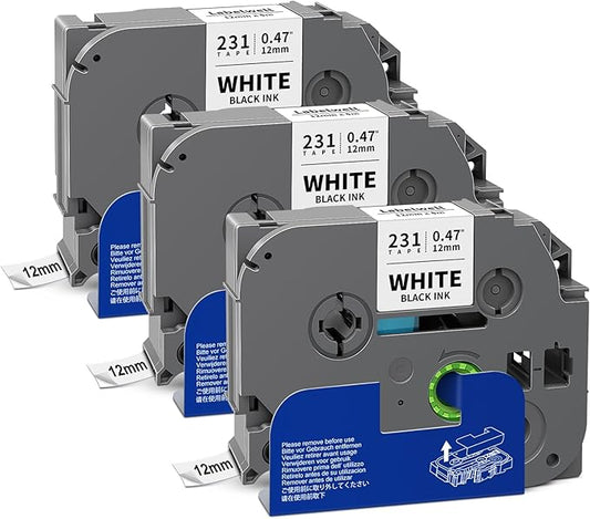 3-Pack TZe-231 TZ Tape 12mm 0.47 Laminated White Compatible with P Touch Label Maker Tape TZe-231 TZ-231 TZe231 Black on White Use with Ptouch PT-D220 D210 H110 D400 D600, 1/2 Inch x 26.3 ft