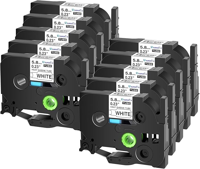 10PK Compatible for Ptouch HSe-211 HSe211 HS-211 HS211 Black on White 5.8mm 0.23'' Heat Shrink Tubing for Wire Cable for PT300 PT-300B PT310 PT310B PT320 Label Maker Tape