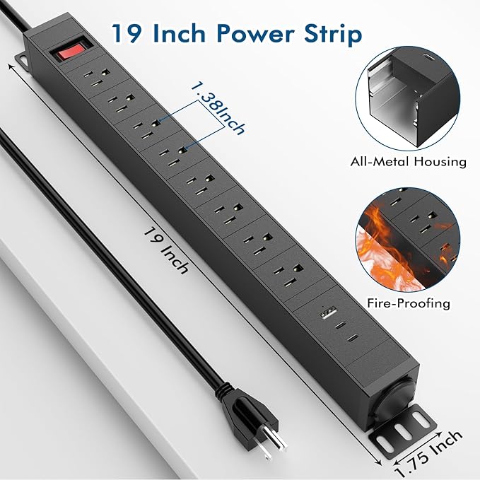 8 Outlet Metal Wall Mount Power Strip,360° Rotatable Mounting,PD 20W USB C Fast Charging,Surge Protector Powerstrip with 6FT Cords,15A 1875W, for Home Office Industrial Garage Commercial