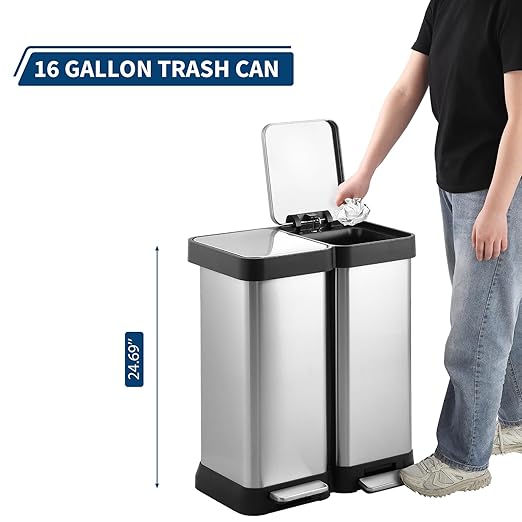 16 Gallon Dual Compartment Trash & Recycling Bin - Soft Close Lid Kitchen Garbage Can, Stainless Steel Step Pedal, Space Saving Design for Home/Office (60L 2x30L, No Inner Bucket)