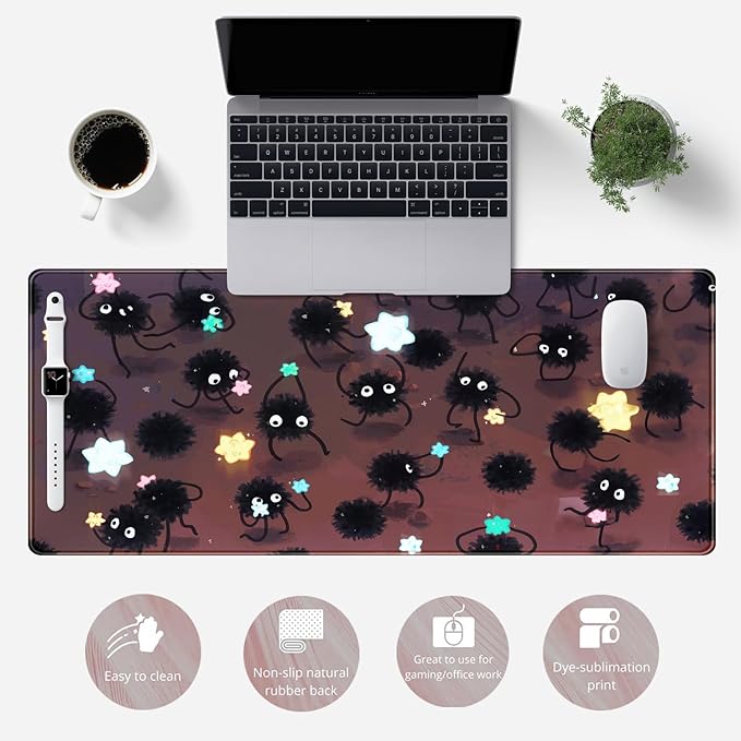 Desk Pad Anime Black Pom Poms Gaming Mouse Pad Large Star Designs Desk Office Decor Exclusive Beautiful Girls Mouse Pad for Women Desktop with Stitched Edges Non-Slip Computer Mat 31.5x11.8In