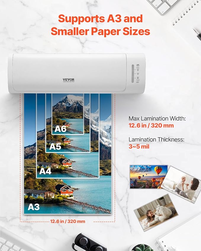 VEVOR Laminator Machine, Cold and Hot Laminator for Max A3 Paper Size, 1 min Quick Warm Thermal Laminator, 3-5 mil Thickness, Ideal for Home, Office, Business, or School Supplies, White + Grey