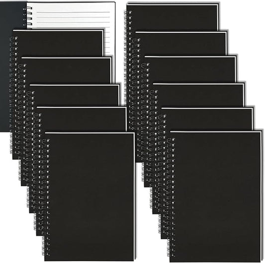 12Pack Small Spiral Notebook A5, 8.25x5.5” 120 Lined Pages Black Wide Ruled Spiral Journal Bulk Blank Kraft Cover Spiral Bound Notebook & Writing Pads for Home Office Meeting Work Note Taking
