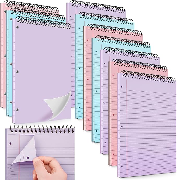 10 Packs 8.5" x 11" Top Spiral Notebook with 3 Hole Punched Legal Pads College Ruled Notepad 50 Sheets Hard Cardboard Paper Wirebound Notepad for Office School Business (Pink,Blue,Purple)