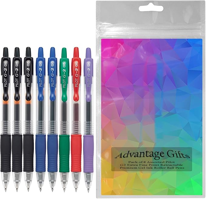 G2 Retractable Premium Gel Ink Roller Ball Pens Extra Fine Point (.5mm) Black/Blue/Red/Green/Purple Ink 8 pack; Refillable & Premium Comfort Grip Bundle with Plastic Reusable Pouch