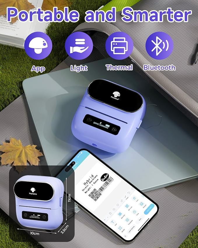 Phomemo M220 Label Maker, Bluetooth Thermal Label Maker Machine for Barcode, Address, Home, Mailing, Small Business,Clothing, Portable Wireless Printer with 1 Rolls Label, Purple