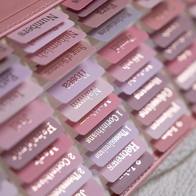 UPAFEXXI-Laminated Bible Tabs (Rose Gold Foil Embossed Lettering), Bible Tabs for Women and Men, Reposition Large Print Stickers, Easy to Read and Apply, 80 Chapters Labels for Easy Navigation(Pink)