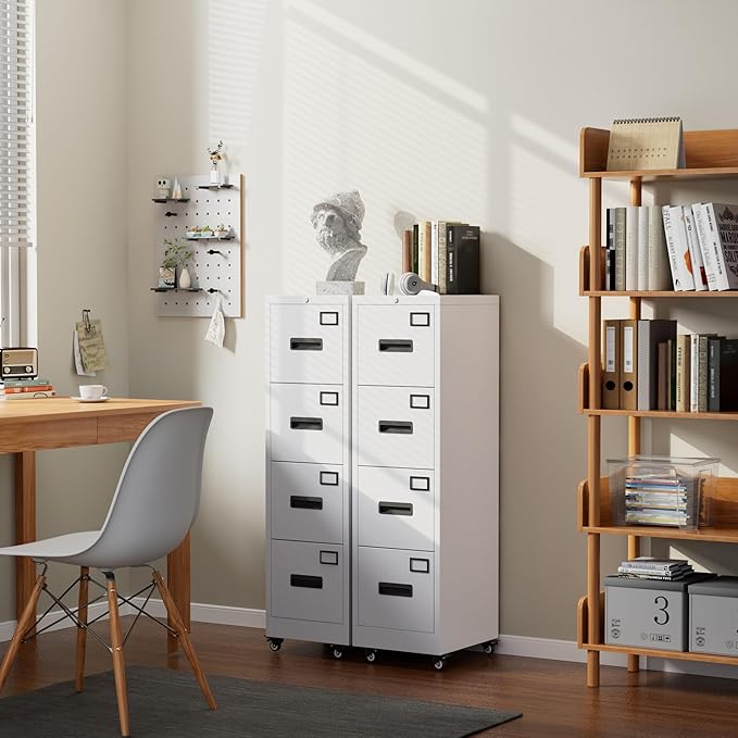 Aobabo 56" H 4 Drawer Moblie Office File Cabinet with Lock, Rolling Metal Filing Storage Cabinet, Legal/Letter A4 Size, White, Assembly Required