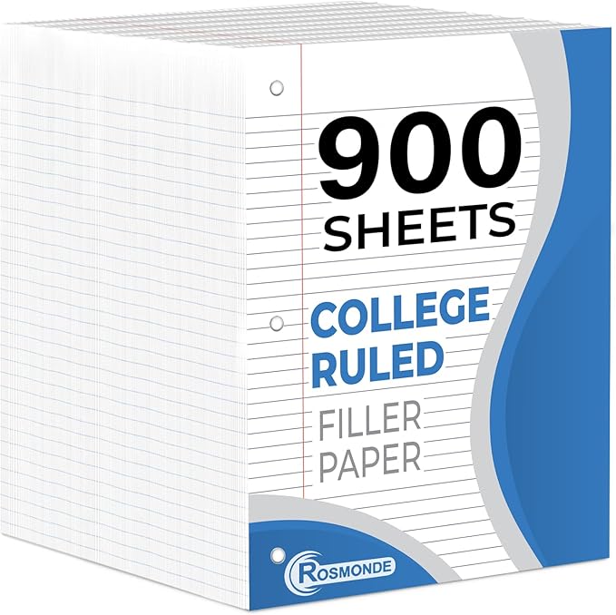 6 Pack Loose Leaf Paper, 900 Sheets, College Ruled, 8" x 10.5", 56 gsm Bulk Office Filler Paper, 150 Sheets/Pack, 3 Hole Punched, College Ruled Paper for 3 Ring Binder, Notebook Paper, White