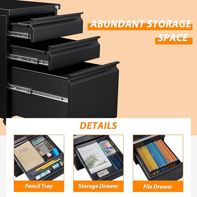 3 Drawer File Cabinet with Wheels, Metal Filing Cabinet with Lock, Office Rolling File Cabinets for A4/Legal/Letter Size, Assembly Required, Black