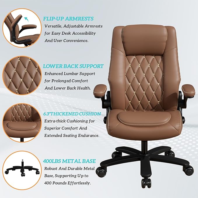 GYI O205P High Back Executive Office Chair, Big and Tall Office Chair 400LBS with Rubber Wheels,Ergonomic Adjustable Computer Desk Chairs with Padded Flip-up Armrests,Lumbar Support (Brown)