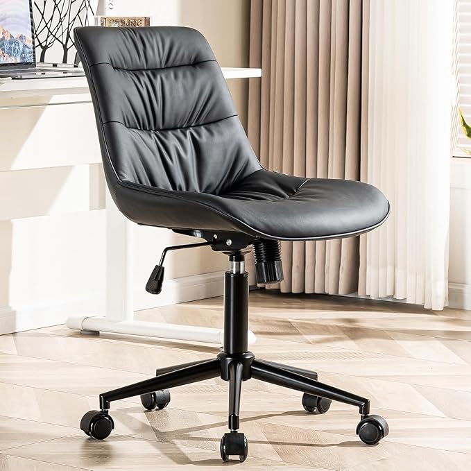 Kidol & Shellder Faux Leather Office Chair, Adjustable Swivel Height Task Chair, Rolling Wheels & Soft Backrest - Armless Ergonomic Desk Chair for Home, Office,Vanity,Gaming（Black）