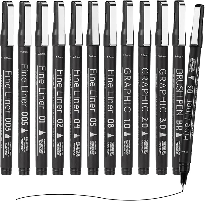 EYEYE Micro Fineliner Pens, Black Drawing Art Pens,12 Archival Pen Waterproof Ink Set Artist Supplies Archival Inking Markers Sketch Outline Pen, Precision Drawing and Sketching Kit