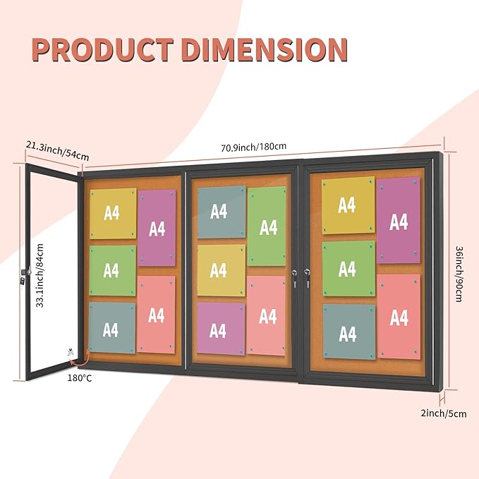 Enclosed Bulletin Board Lockable,3 Doors Weatherproof Outdoor Noticeboard with Locking Door, Wall-Mounted Aluminum Framed Presentation Board, 70x36 Inch