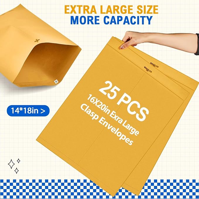 25 Pcs Clasp Envelope 16 x 20 Inch Large Manilla Envelopes with Clasp Closure for Mailing Thick Documents Home, Business, Legal or School Office Storing (Golden)