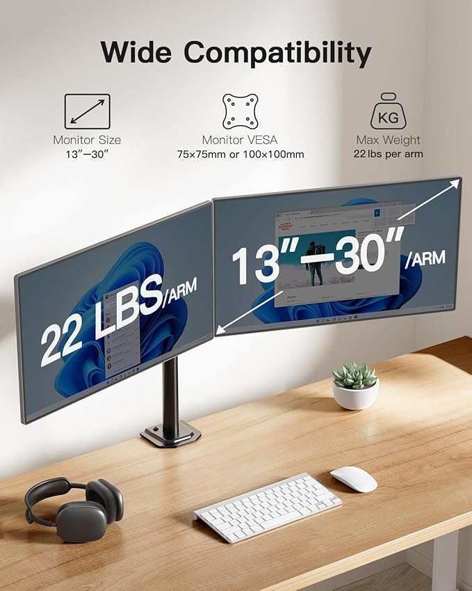 HUANUO Dual Monitor Mount for 2 Monitors up to 30 inches, Heavy Duty Dual Monitor Stand Holds up to 22 lbs, Dual Monitor Arm with Height Adjustable Tilt Swive Rotate, VESA Hole 75mm or 100mm