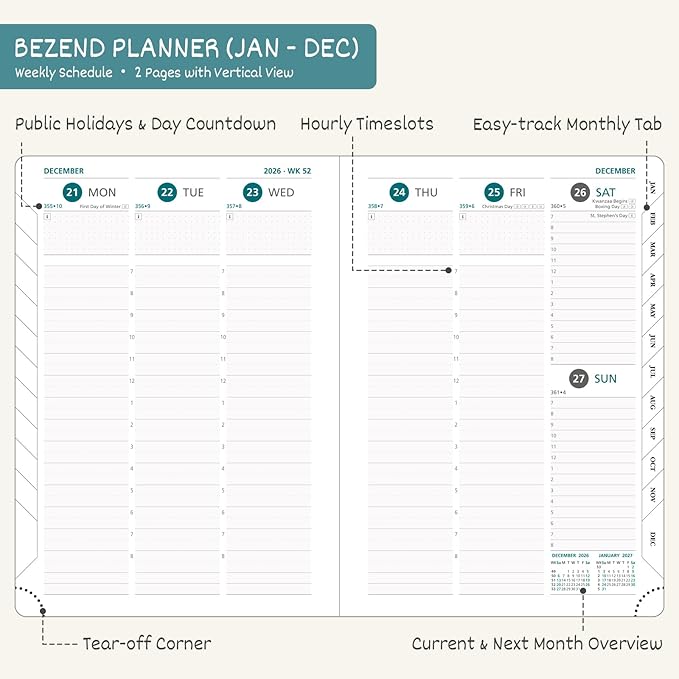 BEZEND 2026 Planner Weekly and Monthly (6" x 8.5") Daily Calendar with Half-Hourly Timeslots & Tabs (Jan-Dec) Note & Expenses, Pen Holder, Inner Pocket, Vegan Leather Hardcover - Black
